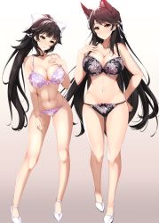 Rule 34 | 2girls, animal ear fluff, animal ears, atago (azur lane), azur lane, bare arms, bare shoulders, black bow, black bra, black hair, black panties, blunt bangs, blush, bow, bow bra, bow panties, bra, breasts, brown eyes, cleavage, closed mouth, collarbone, fukuda shuushi, gradient background, hair bow, hair flaps, hair ribbon, hand on own hip, hand on own chest, hand up, highres, lace, lace-trimmed bra, lace-trimmed panties, lace trim, large breasts, lingerie, lips, long hair, looking at viewer, lowleg, lowleg panties, mole, mole under eye, multi-strapped panties, multiple girls, navel, panties, parted lips, pink bra, pink panties, ponytail, ribbon, ribbon-trimmed bra, ribbon-trimmed panties, shiny skin, simple background, skindentation, smile, standing, stomach, string panties, swept bangs, takao (azur lane), thighs, underwear, underwear only, very long hair, white bow, white ribbon