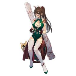Rule 34 | 1girl, animal, anklet, black gloves, breasts, brown eyes, brown hair, chair, chinese clothes, cleavage, closed mouth, collar, dog, dress, eyepatch, fingerless gloves, full body, girls&#039; frontline, glasses, gloves, green dress, green footwear, hair between eyes, jewelry, long hair, looking at viewer, navel, nin (lion), official alternate costume, official art, ponytail, shoes, sitting, sleeveless, solo, thighhighs, transparent background, type 88 (girls&#039; frontline), type 88 (noble orchid) (girls&#039; frontline), white thighhighs