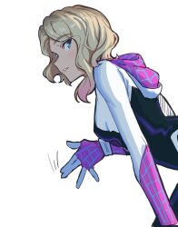 Rule 34 | 1girl, blonde hair, blue eyes, blush, bodysuit, breasts, buntyou tn, hood, hood down, hooded bodysuit, looking at viewer, marvel, medium breasts, multicolored hair, pink hair, short hair, simple background, solo, spider-gwen, spider-man: into the spider-verse, spider-man (series), spider-verse, spider web print, white background