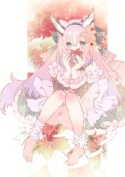 Rule 34 | 1girl, animal ears, ankle ribbon, azur lane, bare shoulders, barefoot, commentary request, detached sleeves, dress, floral background, flower, fox ears, frilled dress, frills, gift, green eyes, hair flower, hair ornament, hairband, hanazuki (azur lane), highres, holding, holding gift, knees together feet apart, leg ribbon, long hair, looking at viewer, moo (umineko), panties, pink hair, pink panties, ribbon, sidelocks, solo, underwear