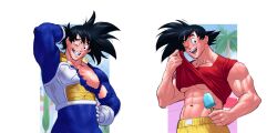 Rule 34 | 1boy, abs, arm behind head, armor, bara, black hair, blue bodysuit, bodysuit, broken armor, carless (ppanic), chest armor, clothes lift, dragon ball, dragonball z, food, gloves, highres, holding, holding food, large pectorals, lifted by self, male focus, muscular, muscular male, navel, nipples, one eye closed, pectorals, popsicle, red shirt, saiyan armor, shirt, shirt lift, short hair, smile, son goku, spiked hair, teeth, torn bodysuit, torn clothes, white gloves