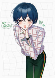 Rule 34 | 1boy, blue hair, blush, brown eyes, charisma house, fanu, green pants, highres, long sleeves, male focus, motohashi iori, multicolored shirt, open mouth, pants, pink shirt, purple background, shirt, short hair, smile, solo, speech bubble, translation request, white background, white shirt