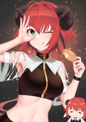 Rule 34 | 1girl, :q, absurdres, animal ears, antenna hair, aqua eyes, arm up, armpits, black shirt, breasts, carolrin, closed mouth, crop top, curled horns, doughnut, food, full-length zipper, hand up, highres, holding, horns, looking at viewer, medium breasts, midriff, navel, ok sign, original, red hair, see-through, see-through sleeves, shirt, short hair, short sleeves, shrug (clothing), sleeveless, sleeveless shirt, sleeveless turtleneck, smile, solo, stomach, thick eyebrows, tongue, tongue out, turtleneck, upper body, wing collar, wristband, zipper, zipper pull tab