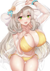 Rule 34 | 1girl, :d, absurdres, bikini, blue archive, blush, breasts, cleavage, deogho (liujinzy9854), flower, green eyes, hand on headwear, hand on own chest, hat, hat flower, highres, jacket, korean commentary, large breasts, light brown hair, long hair, looking at viewer, navel, nonomi (blue archive), nonomi (swimsuit) (blue archive), open mouth, see-through, see-through jacket, side-tie bikini bottom, simple background, smile, solo, standing, sun hat, swimsuit, teeth, upper teeth only, very long hair, white background, yellow bikini