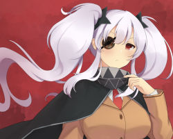 Rule 34 | 1girl, arm at side, arm up, black cape, blush, breasts, buttons, cape, close-up, eyepatch, frown, furrowed brow, hair ornament, jacket, large breasts, lemonrou, long hair, looking to the side, necktie, red background, red eyes, red necktie, school uniform, senran kagura, shirt, shuriken, simple background, solo, twintails, weapon, white hair, white shirt, yagyu (senran kagura)