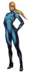 Rule 34 | 1girl, artist request, blonde hair, blue eyes, boots, breasts, full body, gloves, hands on own hips, large breasts, lips, plugsuit, ponytail, samus aran, serious, transparent background