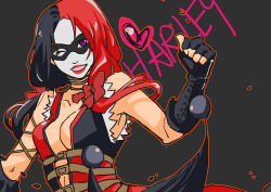 Rule 34 | 1girl, absurdres, ask, batman (series), breasts, cleavage, dc comics, domino mask, fingerless gloves, gloves, harley quinn, highres, injustice: gods among us, lipstick, makeup, twintails, wink