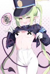 Rule 34 | 1girl, blue archive, blush, breasts, clothes lift, demon tail, fang, gloves, green hair, halo, hat, lifting own clothes, long hair, long sleeves, looking at viewer, maro4ka, midriff, navel, nozomi (blue archive), open mouth, pantyhose, pasties, pointy ears, shirt lift, simple background, skin fang, small breasts, smile, solo, sweat, tail, tape, tape on nipples, twintails, white pantyhose, yellow eyes