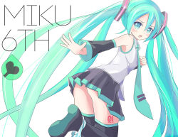 Rule 34 | 1girl, blush, boots, detached sleeves, fang, green eyes, green hair, gumo, hatsune miku, highres, long hair, looking back, matching hair/eyes, necktie, open mouth, panties, panties around leg, skirt, solo, striped clothes, striped panties, thigh boots, thighhighs, twintails, underwear, very long hair, vocaloid
