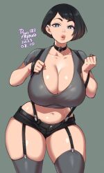 Rule 34 | 1girl, agawa ryou, artist name, black eyes, black hair, bob cut, breasts, choker, cleavage, commentary, cowboy shot, dated, english commentary, full body, garter straps, grey background, huge breasts, navel, original, short shorts, shorts, simple background, solo, suspenders, thick thighs, thighhighs, thighs