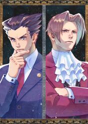 Rule 34 | 2boys, absurdres, ace attorney, ascot, black hair, blue eyes, blue jacket, closed mouth, collared shirt, crossed arms, curtained hair, finger to own chin, formal, furrowed brow, grey eyes, grey hair, hair intakes, hand on own chin, hasekou g, highres, jacket, long sleeves, male focus, miles edgeworth, multiple boys, necktie, phoenix wright, red jacket, red necktie, shirt, short hair, spiked hair, thinking, upper body, white shirt