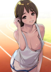 Rule 34 | 1girl, bare shoulders, breasts, brown eyes, brown hair, collarbone, downblouse, dytm, hand in own hair, hand up, highres, large breasts, long hair, looking at viewer, loose clothes, loose shirt, nipple slip, nipples, no bra, original, running track, shirt, shorts, solo, standing, tank top, white shirt