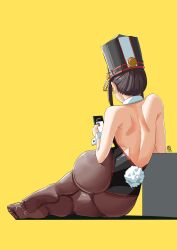Rule 34 | 1girl, alternate costume, ass, automatic giraffe, bare shoulders, black hair, cellphone, from behind, hat, highres, huge ass, leotard, long hair, morag ladair (xenoblade), phone, playboy bunny, rabbit tail, sitting, solo, tail, thong leotard, wide hips, xenoblade chronicles (series), xenoblade chronicles 2, yokozuwari