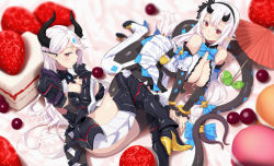 Rule 34 | 2girls, agnamore, armor, armored boots, armored leotard, ass, bad id, bad pixiv id, bare shoulders, black footwear, black hairband, black horns, black sleeves, blue bow, blunt bangs, blurry, blush, boots, bow, bowtie, bracelet, breasts, cake, center opening, cherry, cleavage, cross hair ornament, depth of field, detached sleeves, dragon girl, dragon horns, dragon tail, dress, epic seven, eyebrows hidden by hair, finger to own chin, food, forehead jewel, fruit, full body, garter straps, gauntlets, hair ornament, hairband, high heel boots, high heels, horns, jewelry, large breasts, leotard, long hair, looking at viewer, low-tied long hair, luna (epic seven), lying, macaron, multiple girls, on side, pantyhose, pointy ears, red eyes, ribbon, shadow, shoulder armor, siblings, sidelocks, silver dress, sisters, sleeveless, sleeveless dress, smile, strawberry, tail, tail bow, tail bracelet, tail ornament, thighhighs, underboob, very long hair, white dress, white footwear, white hair, yufine (epic seven)