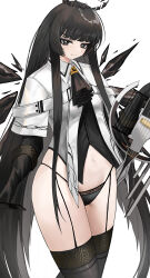 Rule 34 | 1girl, absurdres, antenna hair, arknights, ascot, ass, bare hips, belt, belt buckle, black ascot, black eyes, black garter straps, black gloves, black hair, black halo, black panties, black shirt, black thighhighs, black wings, blunt bangs, bow (music), breasts, broken halo, buckle, cello, closed mouth, collared jacket, colored inner hair, commentary, cowboy shot, dark halo, detached wings, dress shirt, energy wings, from side, garter straps, gloves, grey hair, groin, halo, hand up, highleg, highleg panties, highres, hime cut, holding, holding bow (music), holding instrument, holding violin, instrument, jacket, layered sleeves, light smile, long hair, long sleeves, looking at viewer, mole, mole under eye, multicolored hair, narrow waist, navel, pale skin, panties, shirt, short over long sleeves, short-sleeved jacket, short sleeves, sidelocks, simple background, skindentation, small breasts, solo, standing, stomach, symbol-only commentary, thighhighs, thighs, two-tone hair, underwear, very long hair, violin, virtuosa (arknights), white background, white belt, white jacket, wide sleeves, wing collar, wings, yuweishizi