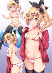 Rule 34 | 1girl, ass, bikini, black bow, black thighhighs, blonde hair, blue eyes, bow, breasts, closed mouth, fang, gradient background, hair bow, hair ornament, highres, jacket, kanabun, looking at viewer, medium breasts, micro bikini, navel, nukui hayu, ochikobore fruit tart, open clothes, open jacket, open mouth, purple background, red jacket, short hair, side-tie bikini bottom, side ponytail, sitting, skin fang, solo, standing, swimsuit, thighhighs, white background, white bikini, x hair ornament