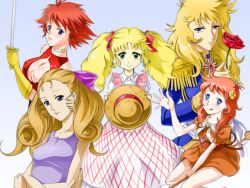 Rule 34 | 5girls, ace wo nerae!, bad arm, blonde hair, blue eyes, bow, breasts, brown dress, candice white ardlay, candy candy, cleavage, cleavage cutout, clothing cutout, company connection, cutie honey, cutie honey (character), dress, epaulettes, gloves, hair bow, hair ornament, hat, holding, holding clothes, holding hat, holding sword, holding weapon, jewelry, kanzaki megu, locket, long hair, long sleeves, majokko megu-chan, multiple girls, oscar francois de jarjayes, pendant, pink bow, purple shirt, red hair, ryuuzaki reika, shirt, simple background, striped clothes, striped dress, sword, tms entertainment, toei animation, tongue, tongue out, tsu chi miyuki, twintails, unworn hat, unworn headwear, versailles no bara, weapon, yellow gloves
