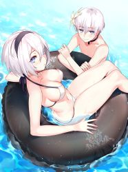 Rule 34 | 1boy, 1girl, absurdres, aki663, bikini, blue eyes, breasts, choker, cleavage, closed mouth, day, flower, hair between eyes, hair flower, hair ornament, hairband, halterneck, highres, large breasts, looking at viewer, mole, mole under mouth, navel, nier (series), nier:automata, outdoors, partially submerged, reclining, short hair, smile, string bikini, swimsuit, water, wet, white bikini, 2b (nier:automata), 9s (nier:automata)