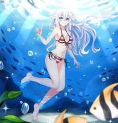 Rule 34 | 1girl, absurdres, air bubble, bikini, black heart (neptunia), blue eyes, bubble, collarbone, commentary request, fish, floating hair, hair between eyes, hair flaps, halterneck, highres, lewdkuma, light beam, long hair, looking at viewer, navel, neptune (series), noire (neptunia), power symbol, power symbol-shaped pupils, side-tie bikini bottom, signature, smile, solo, striped bikini, striped clothes, submerged, swimsuit, symbol-shaped pupils, underwater, white hair