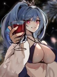 Rule 34 | 1girl, absurdres, alcohol, bad id, bad twitter id, blue hair, blurry, blush, breasts, choker, cleavage, cleavage cutout, clothing cutout, coat, criss-cross halter, cup, depth of field, dress, drinking glass, drunk, fireworks, fur coat, hair ornament, hairpin, halter dress, halterneck, highres, holding, holding cup, josal, large breasts, long hair, night, night sky, original, parted lips, pink eyes, ponytail, sky, smile, solo, toasting (gesture), unfinished, upper body, wine, wine glass