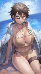 Rule 34 | 1girl, absurdres, arm support, arm under breasts, aussa (yu-gi-oh!), aussa the earth channeler, beach, bikini, blue sky, blush, breasts, brown bikini, brown eyes, brown hair, cleavage, closed mouth, cloud, coat, coat on shoulders, collarbone, commentary request, day, duel monster, glasses, groin, hair between eyes, highres, hood, hood down, hooded coat, jewelry, large breasts, messy hair, navel, necklace, ocean, outdoors, sayaka ikku, shadow, short hair, side-tie bikini bottom, sidelocks, sitting, sky, solo, stomach, swimsuit, thigh strap, wariza, white coat, yu-gi-oh!
