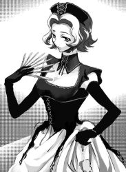 Rule 34 | 00s, 1girl, artist request, breasts, choker, clothes lift, code geass, curly hair, dress, dress lift, female focus, frills, gloves, greyscale, halftone, halftone background, hat, knife, kunai, maid, monochrome, nurse, scalpel, shinozaki sayoko, short hair, smile, solo, source request, weapon