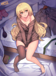 Rule 34 | 1girl, bad id, bad pixiv id, barefoot, bed, blonde hair, book, breasts, brown thighhighs, cleavage, collarbone, female focus, hair brush, jjune, large breasts, long hair, long sleeves, looking at viewer, naked sweater, off shoulder, original, ribbed sweater, shirt, single thighhigh, sitting, solo, sweater, thighhighs, v arms, very long hair, yellow eyes