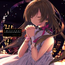 Rule 34 | 1girl, album cover, bead bracelet, beads, blurry, blurry background, blush, bracelet, brown hair, building, closed eyes, closed mouth, commentary request, cover, crescent, crescent earrings, depth of field, dress, earrings, english text, eyes visible through hair, glint, hair over one eye, hands up, highres, jewelry, kayase, long hair, night, night sky, original, outdoors, own hands clasped, own hands together, single wrist cuff, sky, sleeveless, sleeveless dress, smile, solo, very long hair, white dress, wrist cuffs