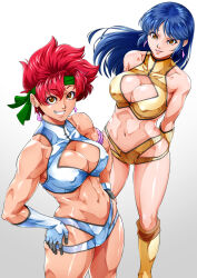 Rule 34 | 2girls, arms behind back, bandana, blue hair, boots, breasts, cleavage, covered erect nipples, dirty pair, earrings, fingerless gloves, from above, gloves, green bandana, grin, hands on own hips, highres, ikumo taisuke, jewelry, kei (dirty pair), large breasts, legs, long hair, looking at viewer, mixed-language commentary, multiple girls, navel, orange eyes, red hair, short hair, simple background, single glove, smile, teeth, white background, yellow footwear, yuri (dirty pair)