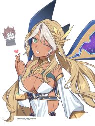 Rule 34 | 1boy, 1girl, andromeda (fate), andromeda (first ascension) (fate), blonde hair, braid, breasts, dark-skinned female, dark skin, detached sleeves, fate/grand order, fate/prototype, fate (series), fingernails, green eyes, grin, hair ornament, heart, highres, house tag denim, husband and wife, large breasts, long hair, looking at viewer, multicolored hair, one eye closed, perseus (fate), sharp fingernails, smile, two-tone hair, very long hair, white hair