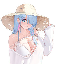 Rule 34 | 1girl, absurdres, alternate breast size, alternate costume, arona (blue archive), bikini, blue archive, blue eyes, blue hair, blunt bangs, blush, braid, breasts, chinese commentary, closed mouth, commentary request, hair over one eye, hand up, hat, highres, large breasts, liwen520, long hair, looking at viewer, multicolored hair, one eye covered, pink hair, simple background, single braid, sleeves past wrists, smile, solo, straw hat, streaked hair, swimsuit, upper body, white background, white bikini