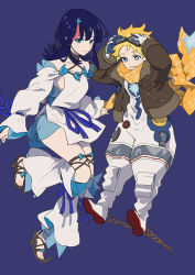 Rule 34 | 1boy, 1girl, bare shoulders, black hair, blonde hair, blue eyes, blue ribbon, bomber jacket, breasts, brown jacket, collarbone, detached leggings, dress, fate/grand order, fate/requiem, fate (series), full body, fundoshi, goggles, goggles on head, high heels, isshoku (shiki), jacket, japanese clothes, jewelry, large breasts, long sleeves, looking at viewer, magatama, magatama hair ornament, magatama necklace, medium hair, multicolored hair, necklace, open clothes, open jacket, open mouth, pelvic curtain, pink hair, puffy long sleeves, puffy sleeves, ribbon, sandals, scarf, seigaiha, short dress, sideboob, sideless outfit, sidelocks, smile, spacesuit, streaked hair, utsumi erice, voyager (fate), voyager (third ascension) (fate), white dress, white legwear, yellow scarf