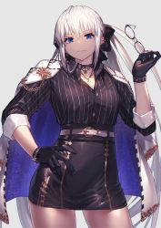Rule 34 | 1girl, absurdres, belt, black bow, black gloves, black shirt, black skirt, blue eyes, bow, braid, breasts, choker, cleavage, collared shirt, contrapposto, cowboy shot, earrings, fate/grand order, fate (series), french braid, glasses, gloves, grey hair, hair bow, high-waist skirt, highres, jacket, jacket on shoulders, jewelry, large breasts, long hair, long sleeves, looking at viewer, morgan le fay (fate), nakanishi tatsuya, necklace, pencil skirt, ponytail, revision, shirt, sidelocks, skirt, solo, striped clothes, striped shirt, thighs, unworn eyewear, vertical-striped clothes, vertical-striped shirt, very long hair, white jacket