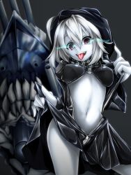 Rule 34 | 10s, 1girl, abyssal ship, bikini, bikini top only, black bikini, breasts, breasts apart, clothes lift, contrapposto, cowboy shot, dress, dress lift, grey background, highres, hitokakeratsu, hood, hoodie, jacket, jacket lift, kantai collection, looking at viewer, navel, o-ring, o-ring bikini, open mouth, purple eyes, re-class battleship, scarf, short hair, simple background, smile, solo, standing, swimsuit, tongue, tongue out, unzipping, white hair