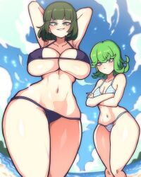 Rule 34 | 2girls, alternate costume, angry, armpits, arms behind head, ass, beach, bikini, black bikini, black hair, blush, breasts, cloud, cloudy sky, crossed arms, curly hair, curvy, day, dice coffeedox, feet out of frame, fubuki (one-punch man), green eyes, green hair, happy, highres, large breasts, looking down, micro bikini, multiple girls, navel, one-punch man, serious, short hair, siblings, sisters, size difference, sky, small breasts, smile, striped bikini, striped clothes, swimsuit, tatsumaki, thighs, thong, thong bikini, wide hips