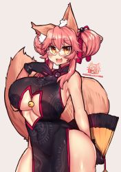 Rule 34 | 1girl, animal ears, bare shoulders, black gloves, breasts, china dress, chinese clothes, cosplay, curvy, dress, fate/grand order, fate (series), fox ears, fox tail, glasses, gloves, highres, koyanskaya (chinese lostbelt outfit) (fate), koyanskaya (fate), koyanskaya (fate) (cosplay), large breasts, long hair, looking at viewer, osiimi, pink background, pink hair, raised eyebrows, signature, simple background, solo, tail, tamamo (fate), tamamo no mae (fate/extra), thighs, wide hips