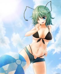 Rule 34 | 1girl, ;), bikini, blue eyes, breasts, covered erect nipples, green hair, large breasts, looking at viewer, navel, one eye closed, open mouth, sanzuri, smile, solo, swimsuit, touhou, wet, wriggle nightbug
