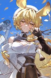 Rule 34 | 1girl, absurdres, animal ears, arknights, beret, blonde hair, blue background, breasts, cleavage, crying, crying with eyes open, dorothy (arknights), fingerless gloves, gloves, hat, highres, hourglass, long hair, medium breasts, narugrm, solo, tears, twitter username, yellow eyes, yellow gloves