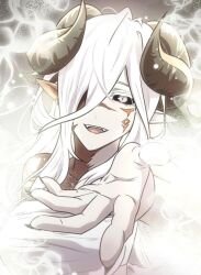 Rule 34 | 1girl, hand up, hel (mythic item obtained), heterochromia, horns, long hair, looking at viewer, mythic item obtained, open mouth, pink eyes, smile, solo, very long hair, white background, white hair