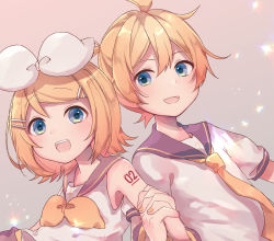 Rule 34 | 1boy, 1girl, arm warmers, bare shoulders, bass clef, beige background, black collar, blonde hair, blue eyes, bow, collar, commentary, grey collar, hair bow, hair ornament, hairclip, holding hands, kagamine len, kagamine rin, looking at viewer, nail polish, neck ribbon, neckerchief, necktie, open mouth, ribbon, sailor collar, sazanami (ripple1996), school uniform, shirt, short hair, short sleeves, shoulder tattoo, sleeveless, sleeveless shirt, smile, sparkle, spiked hair, swept bangs, symbol-only commentary, tattoo, treble clef, upper body, vocaloid, white bow, white shirt, yellow nails, yellow neckerchief