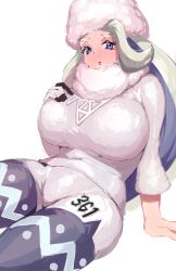 Rule 34 | 1girl, bad id, bad pixiv id, blue eyes, blue pantyhose, blush, breasts, creatures (company), etchi inoha sukidesuka, fur collar, fur hat, game freak, gloves, grey hair, gym leader, hat, huge breasts, long hair, looking at viewer, mature female, melony (pokemon), multicolored clothes, multicolored legwear, nintendo, pantyhose, pantyhose under shorts, pokemon, pokemon swsh, shorts, single glove, sitting, solo, sweater, thick eyebrows, thick thighs, thighs, two-tone gloves, ushanka, white background, white sweater