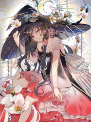 Rule 34 | 1girl, bare shoulders, black hair, black shirt, blue flower, breasts, cleavage, collarbone, commentary request, crescent, detached sleeves, flower, fre (haochilanzuo), hand on headwear, hat, hat flower, head tilt, highres, long hair, long sleeves, looking at viewer, medium breasts, original, parted lips, pink skirt, red eyes, see-through, shirt, single detached sleeve, sitting, skirt, solo, very long hair, white flower, wide sleeves, witch