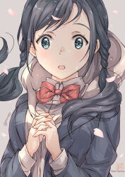 Rule 34 | 1girl, :o, amano hina (tenki no ko), black hair, black jacket, blazer, blue eyes, bow, bowtie, cherry blossoms, collared shirt, diagonal-striped bow, diagonal-striped bowtie, diagonal-striped clothes, hood, hoodie, interlocked fingers, jacket, long hair, looking at viewer, open clothes, open jacket, own hands together, parted lips, ptrtear, red bow, red bowtie, shirt, solo, striped clothes, tenki no ko, twintails, upper body, white hoodie, white shirt