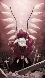 Rule 34 | 1girl, akai kitsune, bad id, bad pixiv id, bdsm, blonde hair, bondage, bound, chain, chained, chain, cross, cuffs, dress, feathers, female focus, flandre scarlet, graveyard, hat, hat ribbon, highres, long sleeves, looking at viewer, red dress, red eyes, ribbon, shackles, shirt, side ponytail, skull, solo, tongue, tongue out, touhou, wings