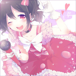 Rule 34 | 10s, 1girl, ;d, black hair, choker, collarbone, dress, earrings, frilled dress, frills, gloves, heart, jewelry, looking at viewer, love live!, love live! school idol festival, love live! school idol project, microphone, one eye closed, open mouth, red dress, red eyes, shiki hinako, smile, solo, twintails, white gloves, wings, yazawa nico
