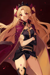Rule 34 | 1girl, :&lt;, absurdres, bad id, bad pixiv id, black leotard, black thighhighs, blonde hair, bow, breasts, cape, closed mouth, cowboy shot, crossed arms, detached sleeves, earrings, ereshkigal (fate), fate/grand order, fate (series), gradient background, hair bow, highres, jewelry, leotard, long hair, looking at viewer, medium breasts, nail polish, orange nails, parted bangs, petals, purple bow, purple cape, red background, red eyes, single detached sleeve, single thighhigh, skull, solo, spine, thighhighs, tiara, two side up, v-shaped eyebrows, very long hair, yayako (804907150)