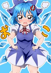 Rule 34 | 1girl, anger vein, angry, blue background, blue dress, blue eyes, blue hair, blush, bow, breasts, bwell, cirno, cowboy shot, dress, fang, hair bow, hands on own hips, highres, looking at viewer, matching hair/eyes, open mouth, outline, puffy short sleeves, puffy sleeves, ribbon, short hair, short sleeves, simple background, small breasts, solo, tears, text focus, touhou, translated, wings