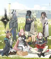 1boy 1other 5girls amiya_(arknights) animal_ears arknights black_hairband black_jacket brown_hair cat_ears closed_eyes coat demon_horns demon_tail doctor_(arknights) dress field flower flower_field grass green_dress green_eyes green_hair grey_eyes grey_hair hairband highres hood hooded_jacket horns jacket kal&#039;tsit_(arknights) liang_chan_xing_make_tu logos_(arknights) looking_at_another mask multiple_girls orange_eyes outdoors picnic picnic_basket pink_hair priestess_(arknights) rabbit_ears second-party_source tail theresa_(arknights) w_(arknights) white_coat white_dress white_flower