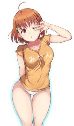 Rule 34 | 10s, 1girl, ahoge, alp, blush, braid, breasts, cameltoe, clothes writing, collarbone, covered navel, hair ornament, love live!, love live! sunshine!!, medium breasts, no pants, one eye closed, open mouth, panties, red eyes, shiny skin, shirt, short hair, simple background, solo, t-shirt, takami chika, thigh gap, underwear, v over eye, white background, white panties