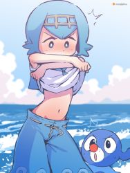 Rule 34 | 1girl, ^^^, arms up, artist name, blue background, blue eyes, blue hair, blue pants, blue sailor collar, blue sky, blue theme, blush, brown hairband, clothes lift, cloud, creatures (company), day, embarrassed, female focus, flat chest, game freak, gen 7 pokemon, gradient sky, groin, hairband, highres, horizon, lana (pokemon), lifted by self, looking at another, looking down, looking up, matching hair/eyes, navel, nintendo, nose blush, ocean, open mouth, orenji (wholesomeorenji), outdoors, pants, pokemon, pokemon (creature), pokemon sm, popplio, sailor collar, shirt, shirt lift, short hair, sky, sleeveless, sleeveless shirt, solo focus, standing, stomach, sweat, undressing, v-shaped eyebrows, water, watermark, waves, white shirt